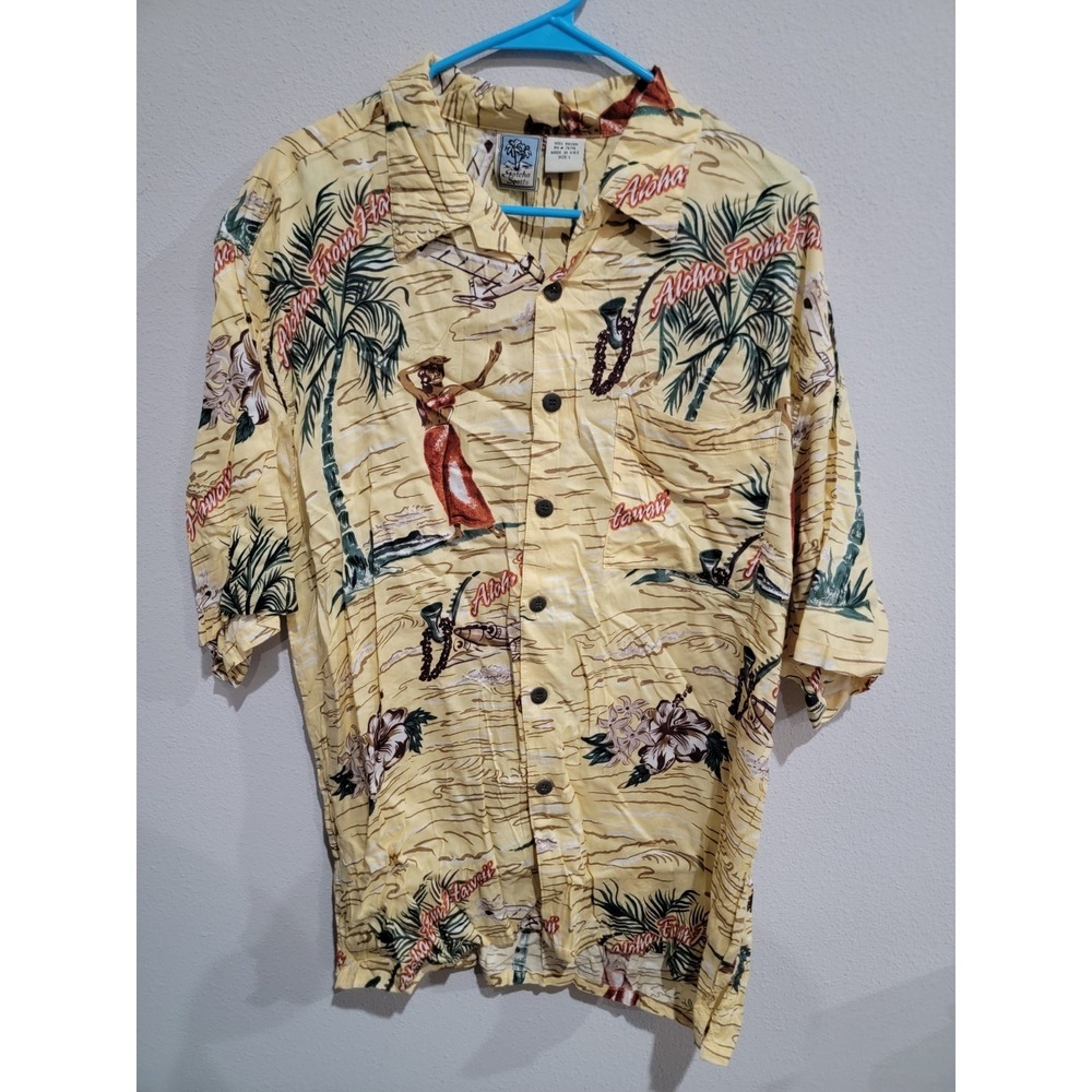 Gotcha Sport‎ Yellow Hawaiian Rayon Button Aloha Shirt Mens L USA Made Vintage